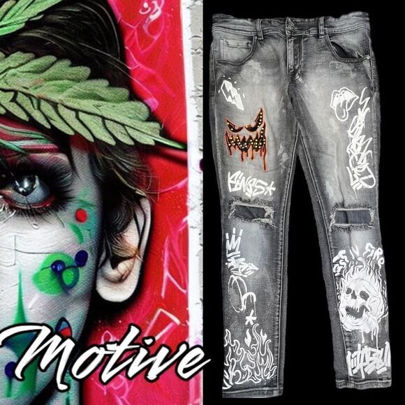 Motive Jeans CUSTOM SPRAY PAINTED DISTRESSED DENIM PANT Graffiti Acid Wash 36/32 - Picture 1 of 7